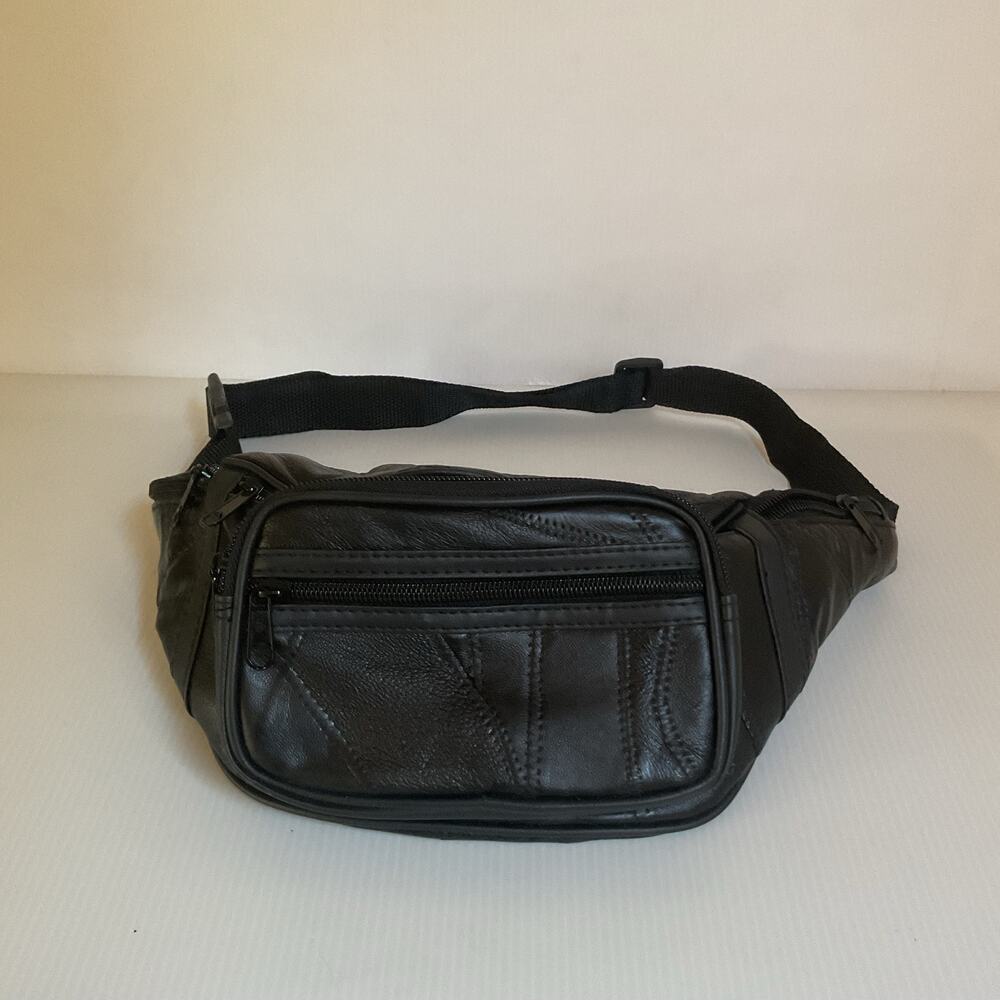 Vintage Genuine Leather Black Fanny Pack Waist Bag Multi Pocket Adjustable